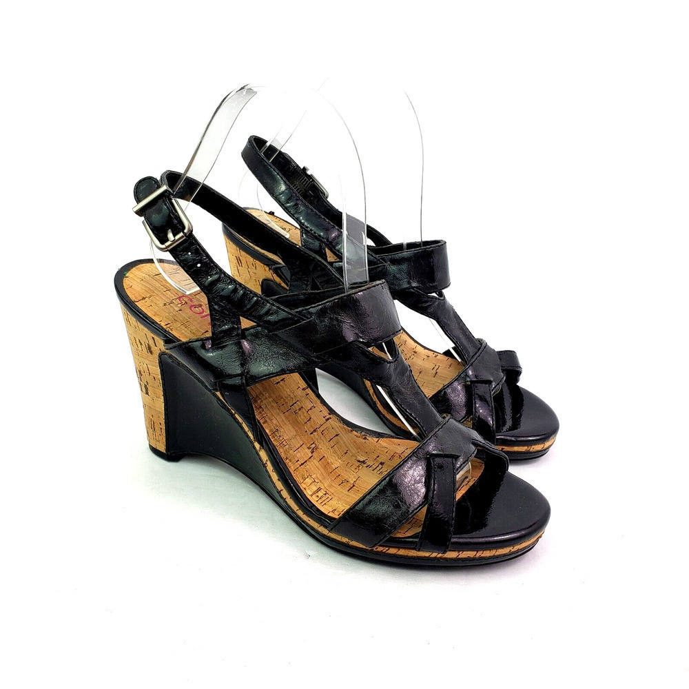 Connie Nacasta Womens Size 8 Black Faux Leather Cork Wedge T Strap Heel Sandals